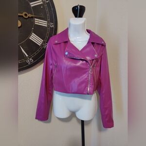 Allegra K Women's Faux Leather Long Sleeve Zipper Up Moto Cropped Jacket